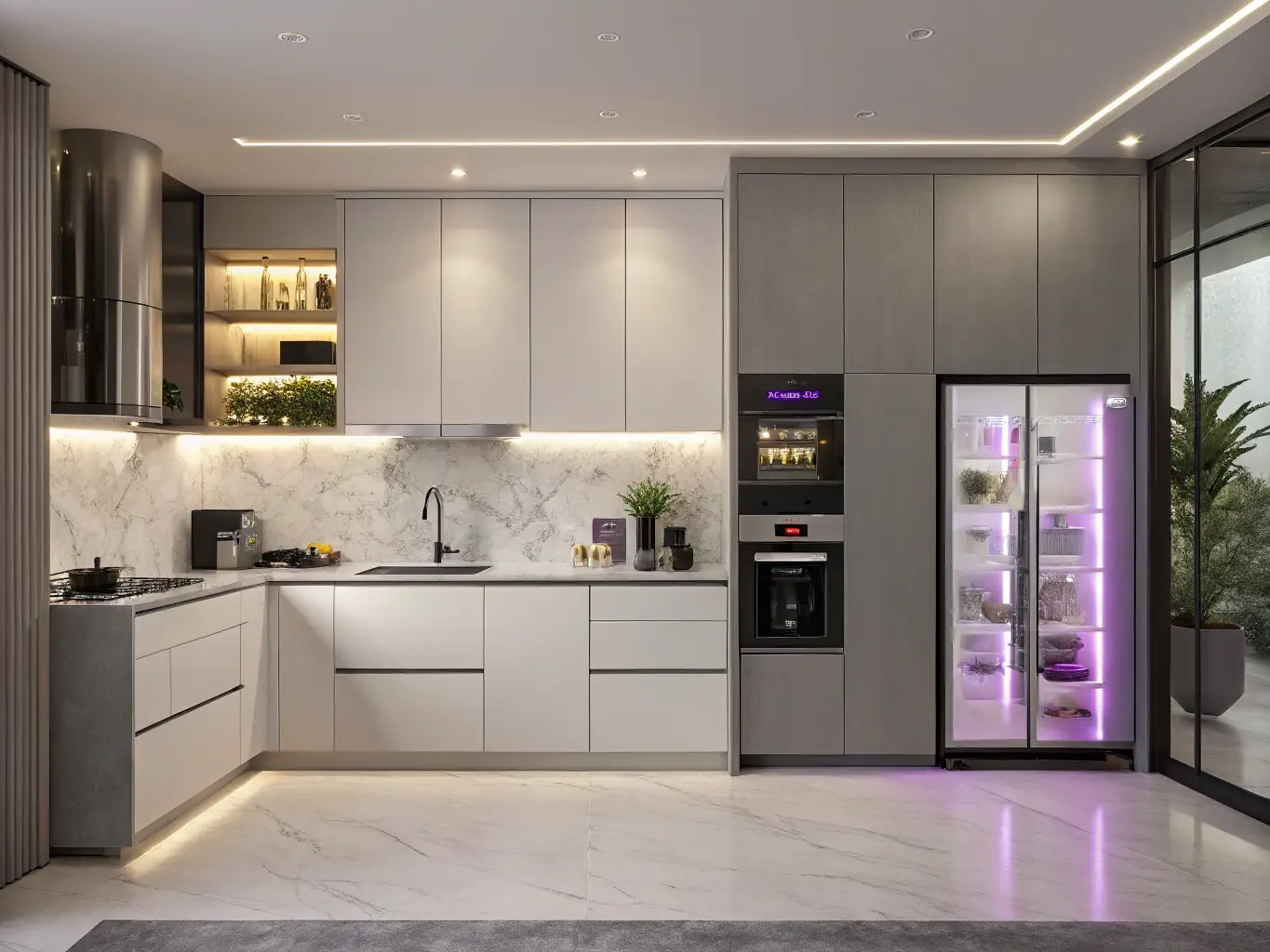 A brightly lit kitchen with smart lighting adjusting automatically to the time of day, highlighting the energy efficiency and convenience of Smart Haven's intelligent lighting solutions.